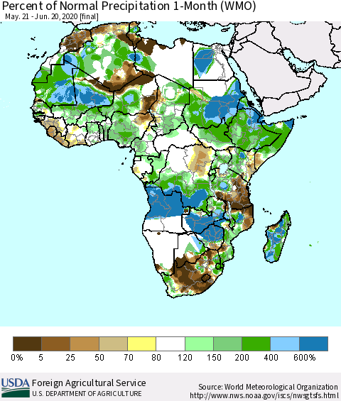 Africa Percent of Normal Precipitation 1-Month (WMO) Thematic Map For 5/21/2020 - 6/20/2020