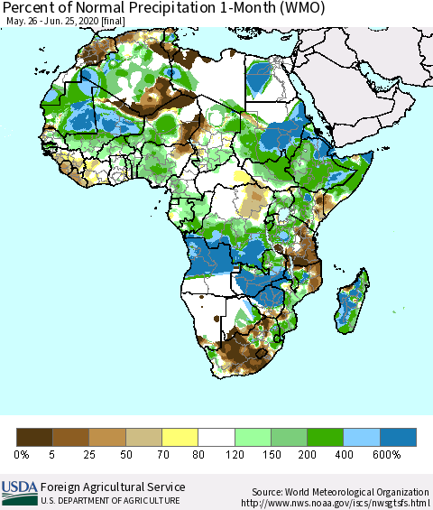 Africa Percent of Normal Precipitation 1-Month (WMO) Thematic Map For 5/26/2020 - 6/25/2020