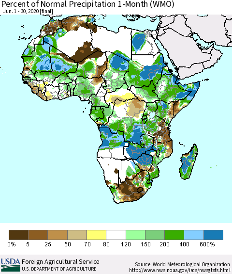 Africa Percent of Normal Precipitation 1-Month (WMO) Thematic Map For 6/1/2020 - 6/30/2020