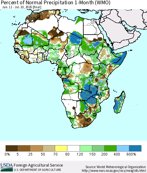 Africa Percent of Normal Precipitation 1-Month (WMO) Thematic Map For 6/11/2020 - 7/10/2020