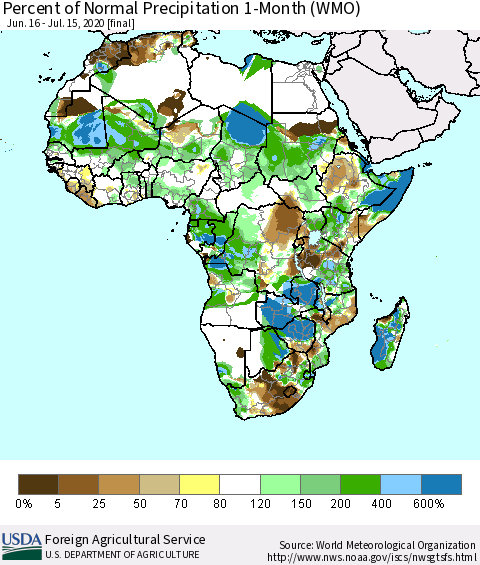 Africa Percent of Normal Precipitation 1-Month (WMO) Thematic Map For 6/16/2020 - 7/15/2020