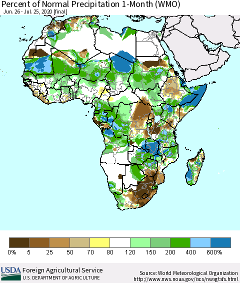 Africa Percent of Normal Precipitation 1-Month (WMO) Thematic Map For 6/26/2020 - 7/25/2020