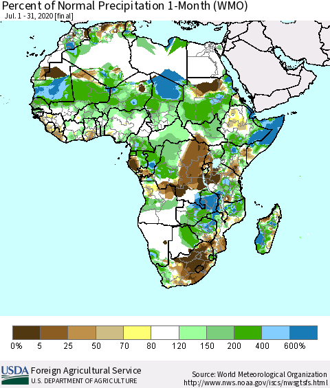 Africa Percent of Normal Precipitation 1-Month (WMO) Thematic Map For 7/1/2020 - 7/31/2020