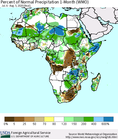 Africa Percent of Normal Precipitation 1-Month (WMO) Thematic Map For 7/6/2020 - 8/5/2020