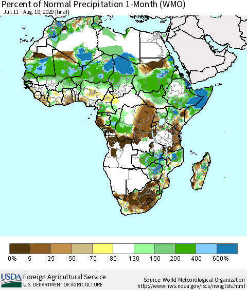 Africa Percent of Normal Precipitation 1-Month (WMO) Thematic Map For 7/11/2020 - 8/10/2020
