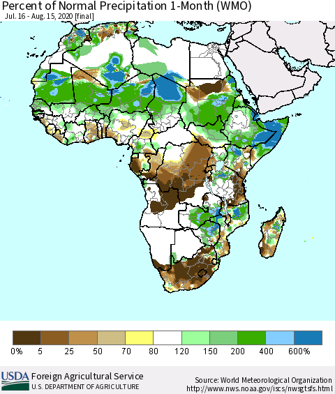 Africa Percent of Normal Precipitation 1-Month (WMO) Thematic Map For 7/16/2020 - 8/15/2020