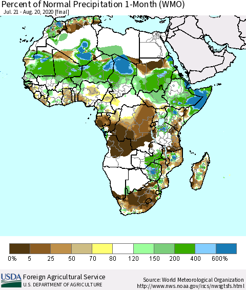 Africa Percent of Normal Precipitation 1-Month (WMO) Thematic Map For 7/21/2020 - 8/20/2020