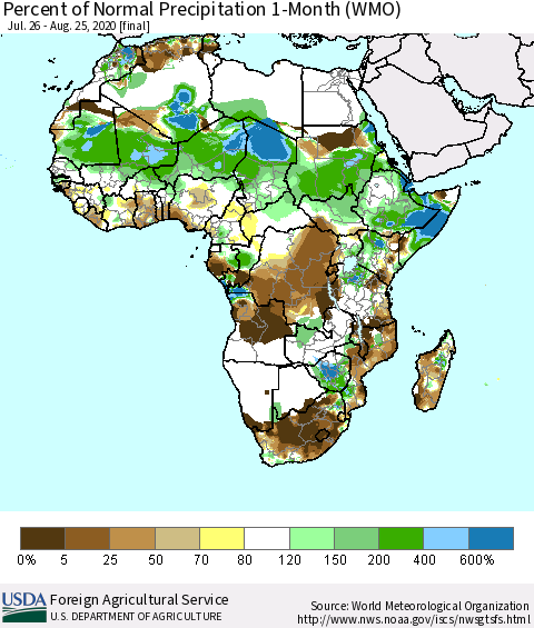 Africa Percent of Normal Precipitation 1-Month (WMO) Thematic Map For 7/26/2020 - 8/25/2020