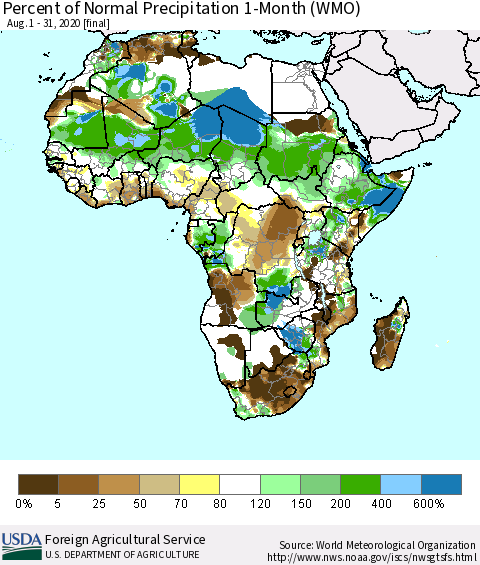 Africa Percent of Normal Precipitation 1-Month (WMO) Thematic Map For 8/1/2020 - 8/31/2020