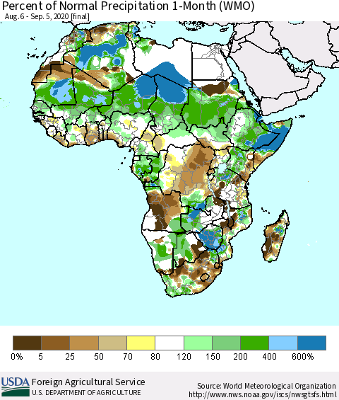 Africa Percent of Normal Precipitation 1-Month (WMO) Thematic Map For 8/6/2020 - 9/5/2020