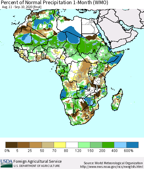 Africa Percent of Normal Precipitation 1-Month (WMO) Thematic Map For 8/11/2020 - 9/10/2020
