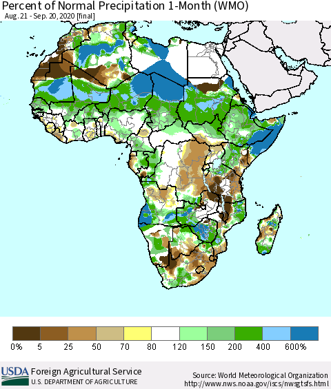 Africa Percent of Normal Precipitation 1-Month (WMO) Thematic Map For 8/21/2020 - 9/20/2020