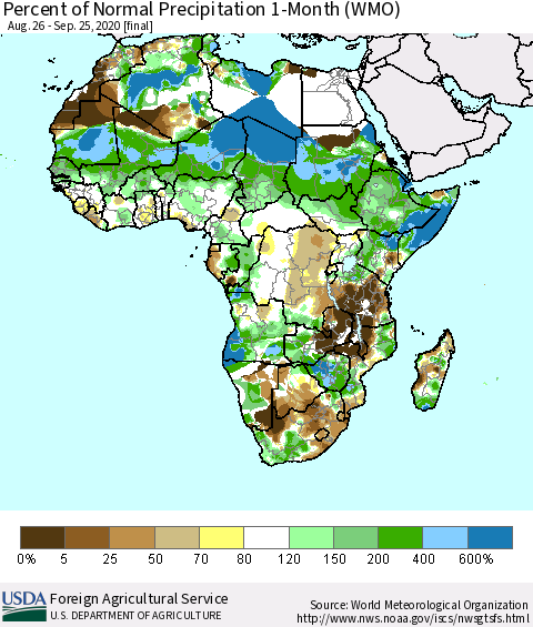 Africa Percent of Normal Precipitation 1-Month (WMO) Thematic Map For 8/26/2020 - 9/25/2020