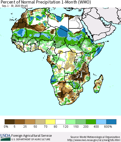 Africa Percent of Normal Precipitation 1-Month (WMO) Thematic Map For 9/1/2020 - 9/30/2020