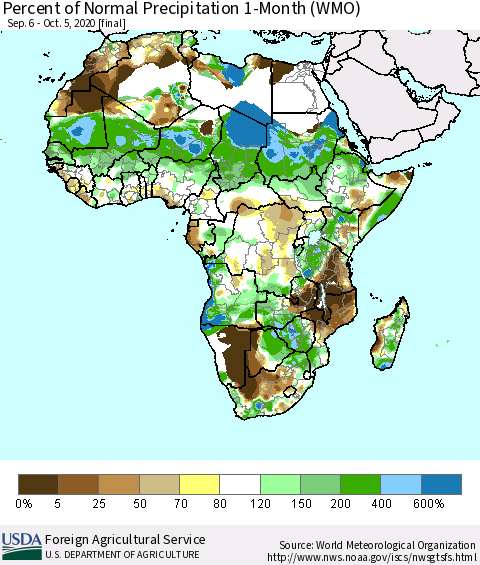 Africa Percent of Normal Precipitation 1-Month (WMO) Thematic Map For 9/6/2020 - 10/5/2020