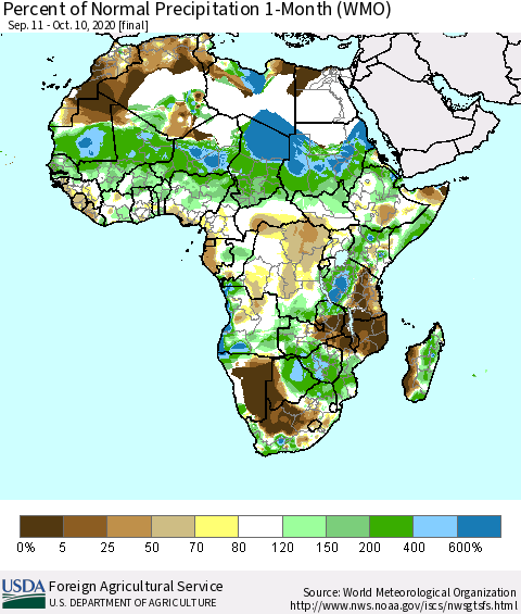 Africa Percent of Normal Precipitation 1-Month (WMO) Thematic Map For 9/11/2020 - 10/10/2020