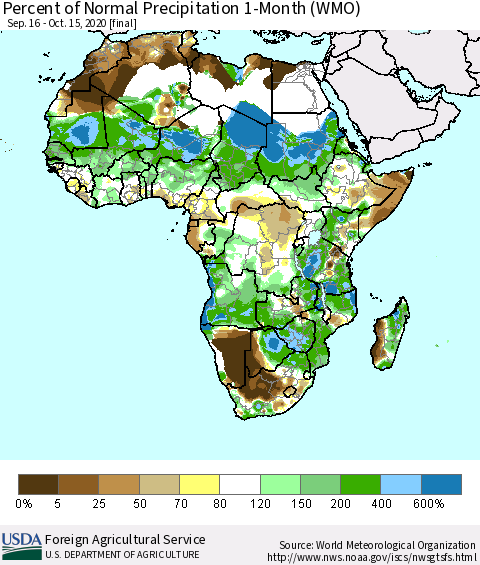 Africa Percent of Normal Precipitation 1-Month (WMO) Thematic Map For 9/16/2020 - 10/15/2020