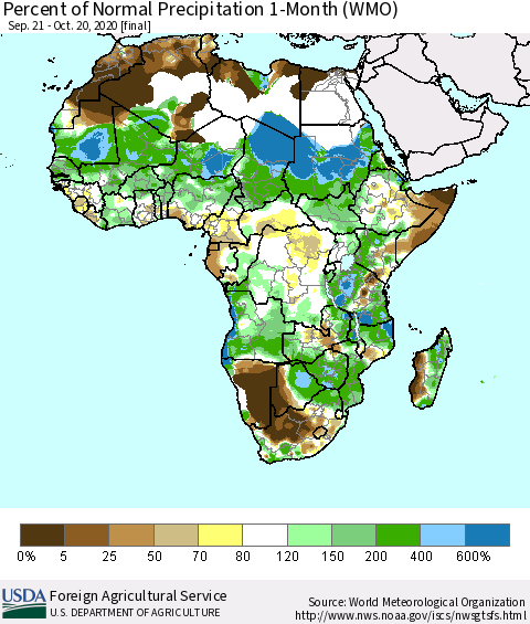 Africa Percent of Normal Precipitation 1-Month (WMO) Thematic Map For 9/21/2020 - 10/20/2020