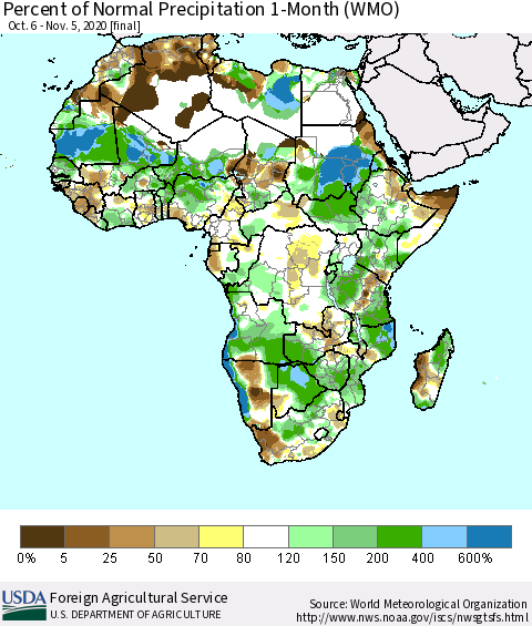Africa Percent of Normal Precipitation 1-Month (WMO) Thematic Map For 10/6/2020 - 11/5/2020
