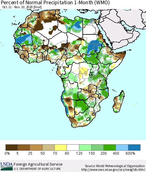 Africa Percent of Normal Precipitation 1-Month (WMO) Thematic Map For 10/11/2020 - 11/10/2020