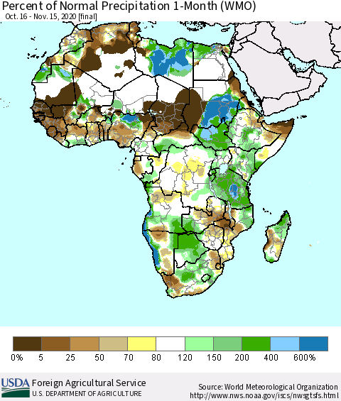 Africa Percent of Normal Precipitation 1-Month (WMO) Thematic Map For 10/16/2020 - 11/15/2020