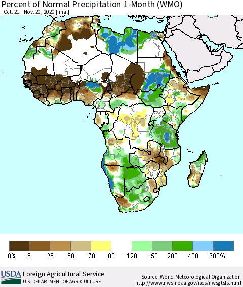 Africa Percent of Normal Precipitation 1-Month (WMO) Thematic Map For 10/21/2020 - 11/20/2020