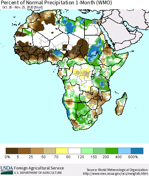Africa Percent of Normal Precipitation 1-Month (WMO) Thematic Map For 10/26/2020 - 11/25/2020