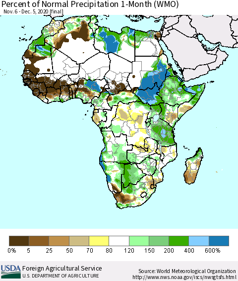 Africa Percent of Normal Precipitation 1-Month (WMO) Thematic Map For 11/6/2020 - 12/5/2020