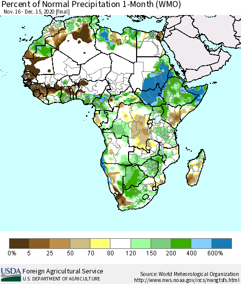Africa Percent of Normal Precipitation 1-Month (WMO) Thematic Map For 11/16/2020 - 12/15/2020