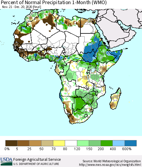 Africa Percent of Normal Precipitation 1-Month (WMO) Thematic Map For 11/21/2020 - 12/20/2020