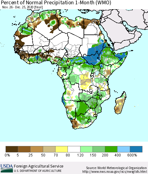 Africa Percent of Normal Precipitation 1-Month (WMO) Thematic Map For 11/26/2020 - 12/25/2020