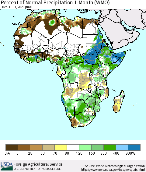 Africa Percent of Normal Precipitation 1-Month (WMO) Thematic Map For 12/1/2020 - 12/31/2020