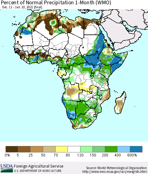Africa Percent of Normal Precipitation 1-Month (WMO) Thematic Map For 12/11/2020 - 1/10/2021