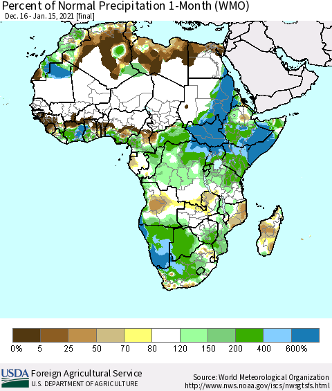 Africa Percent of Normal Precipitation 1-Month (WMO) Thematic Map For 12/16/2020 - 1/15/2021