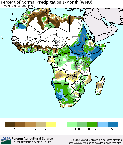 Africa Percent of Normal Precipitation 1-Month (WMO) Thematic Map For 12/21/2020 - 1/20/2021