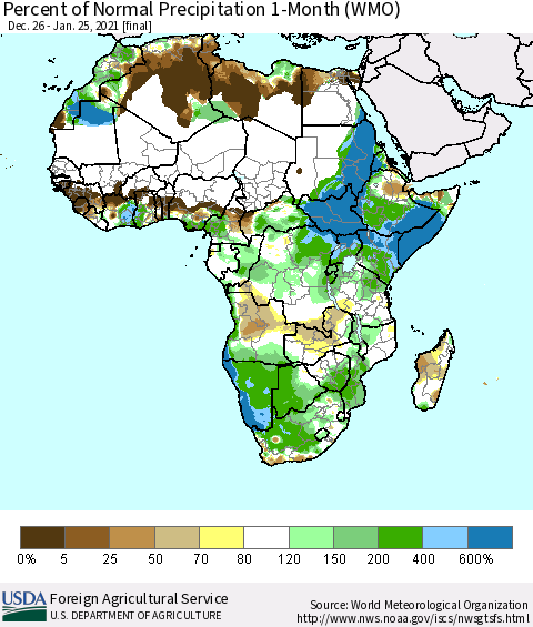 Africa Percent of Normal Precipitation 1-Month (WMO) Thematic Map For 12/26/2020 - 1/25/2021