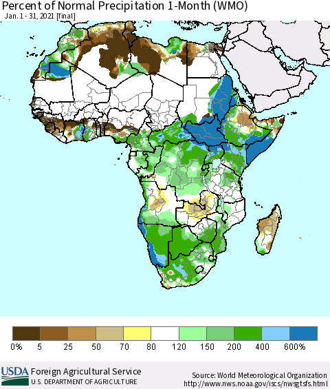 Africa Percent of Normal Precipitation 1-Month (WMO) Thematic Map For 1/1/2021 - 1/31/2021
