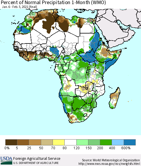 Africa Percent of Normal Precipitation 1-Month (WMO) Thematic Map For 1/6/2021 - 2/5/2021