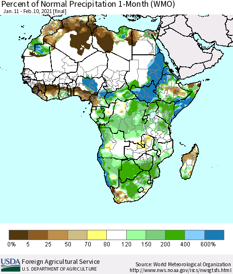 Africa Percent of Normal Precipitation 1-Month (WMO) Thematic Map For 1/11/2021 - 2/10/2021