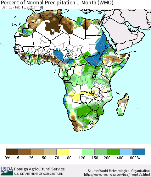 Africa Percent of Normal Precipitation 1-Month (WMO) Thematic Map For 1/16/2021 - 2/15/2021