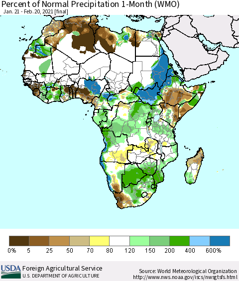 Africa Percent of Normal Precipitation 1-Month (WMO) Thematic Map For 1/21/2021 - 2/20/2021
