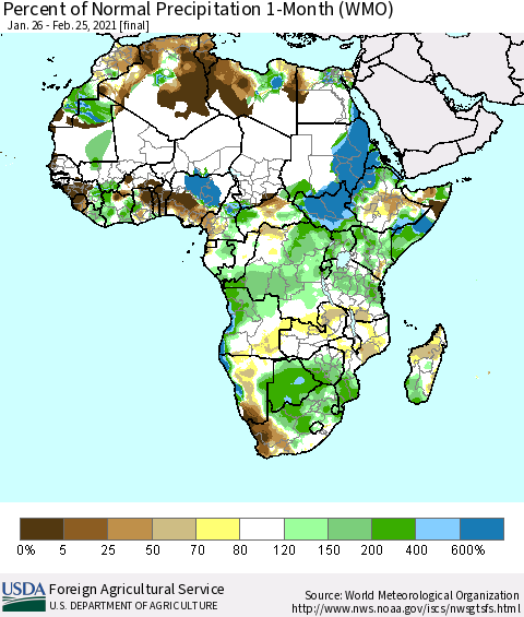 Africa Percent of Normal Precipitation 1-Month (WMO) Thematic Map For 1/26/2021 - 2/25/2021