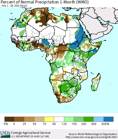 Africa Percent of Normal Precipitation 1-Month (WMO) Thematic Map For 2/1/2021 - 2/28/2021