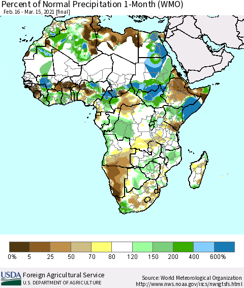 Africa Percent of Normal Precipitation 1-Month (WMO) Thematic Map For 2/16/2021 - 3/15/2021
