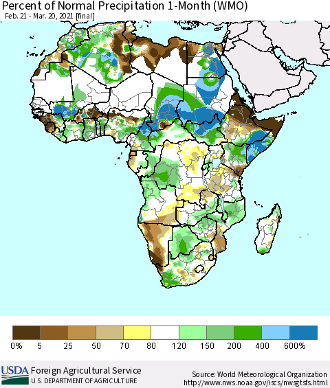 Africa Percent of Normal Precipitation 1-Month (WMO) Thematic Map For 2/21/2021 - 3/20/2021