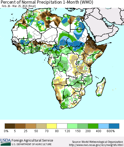Africa Percent of Normal Precipitation 1-Month (WMO) Thematic Map For 2/26/2021 - 3/25/2021