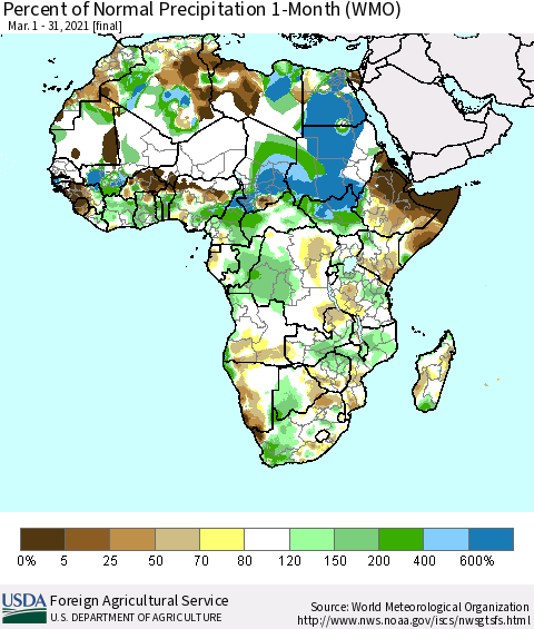 Africa Percent of Normal Precipitation 1-Month (WMO) Thematic Map For 3/1/2021 - 3/31/2021