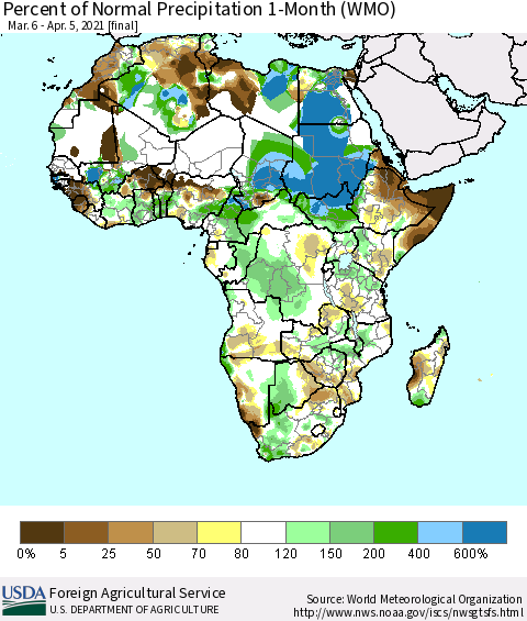 Africa Percent of Normal Precipitation 1-Month (WMO) Thematic Map For 3/6/2021 - 4/5/2021