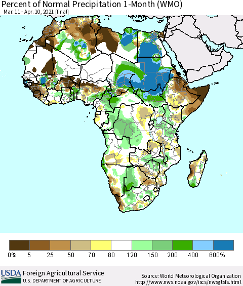 Africa Percent of Normal Precipitation 1-Month (WMO) Thematic Map For 3/11/2021 - 4/10/2021