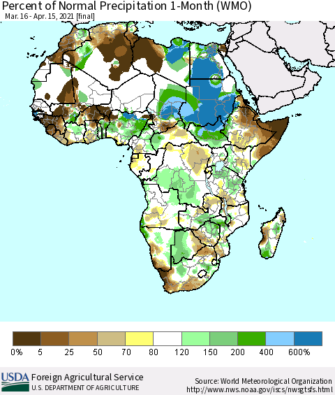 Africa Percent of Normal Precipitation 1-Month (WMO) Thematic Map For 3/16/2021 - 4/15/2021
